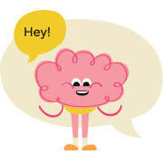 MIA, a friendly cartoon brain mascot, waving hello