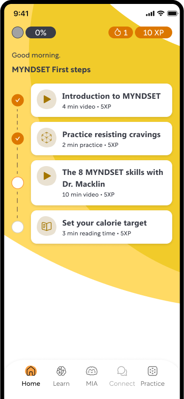 MYNDSET app home screen showing first steps onboarding checklist with progress